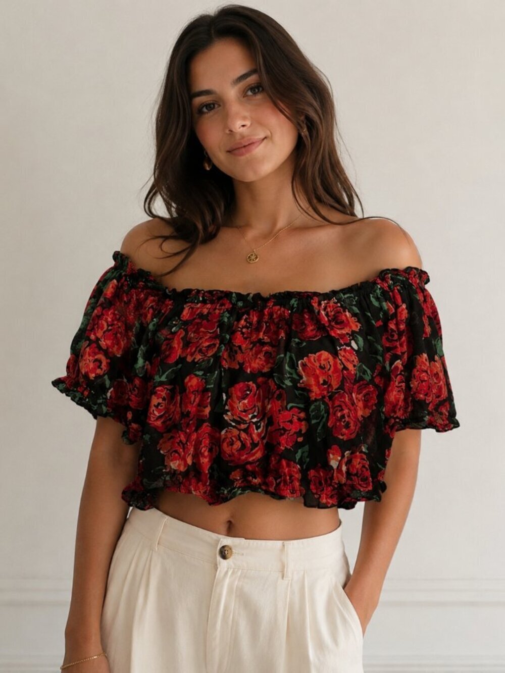 Fashion Passport Vintage Y2K Rose Floral Off Shoulder Crop Top Large